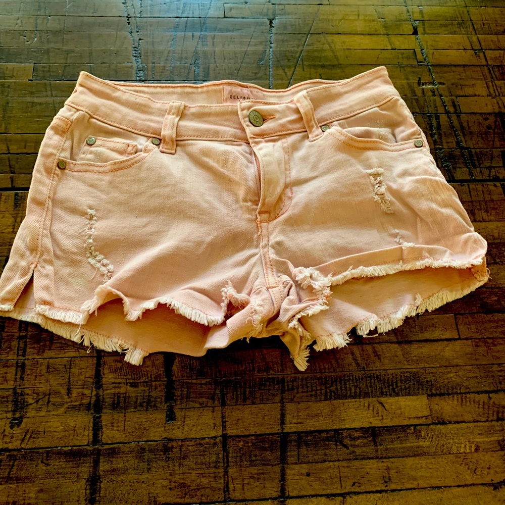 SOLD Celebrity Pink Denim Destroyed Ragged Edge Shorts in Pink size 1/25